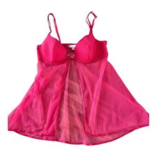 VICTORIA'S SECRET Lingerie Lace Babydoll 36C Sheer Red Satin Trim Sequin Detail