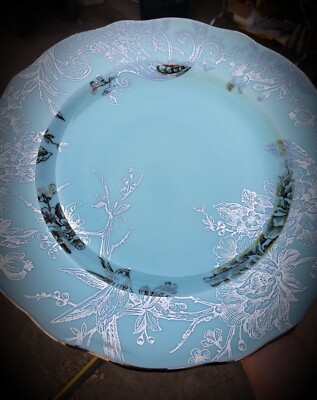 222 Fifth Porcelain Dinner Plate Adelaide Turquoise Silver Bird