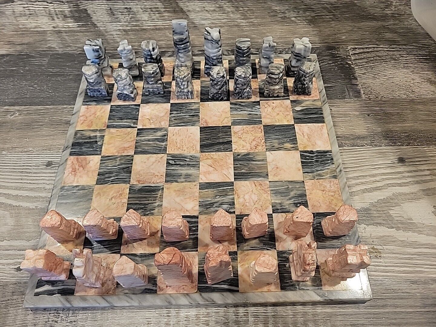 Vintage Aztec Chess And Checker Board Set Peach & Onyx Hand Marble Carved Stone 