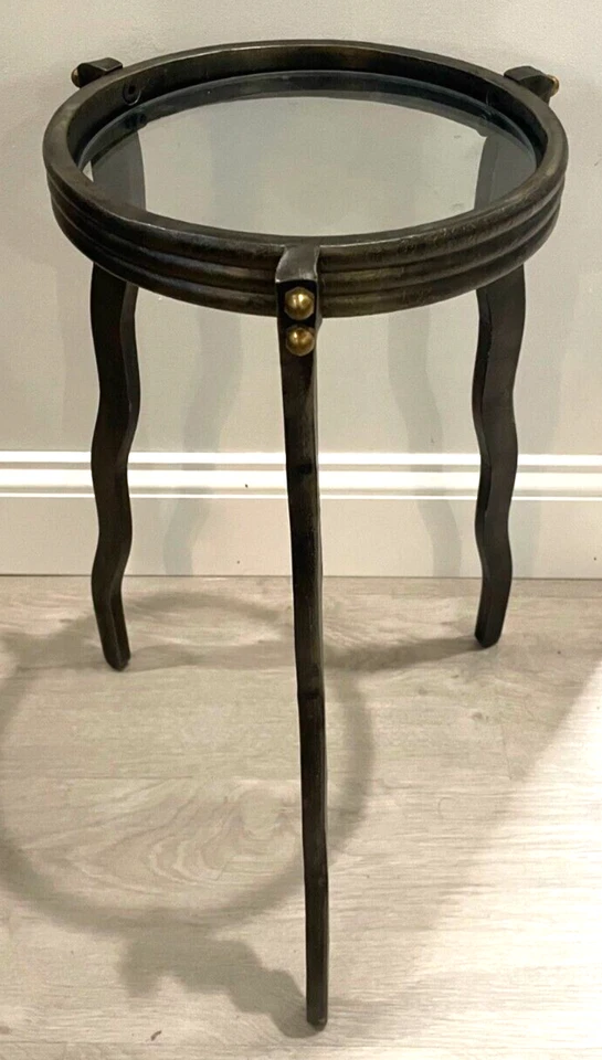 20" Stamped Designer WILL STONE Post-Modern Steel Metal & Glass Accent Table - Image 3 of 4