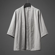 Men Casual Cotton Linen Kimono Open Front Cardigan Jacket Loose Yukata Top Soft