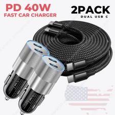 2Pack Dual Type C Fast 40W Car Charger Adapter USB C To C Cable For iPhone 15 16