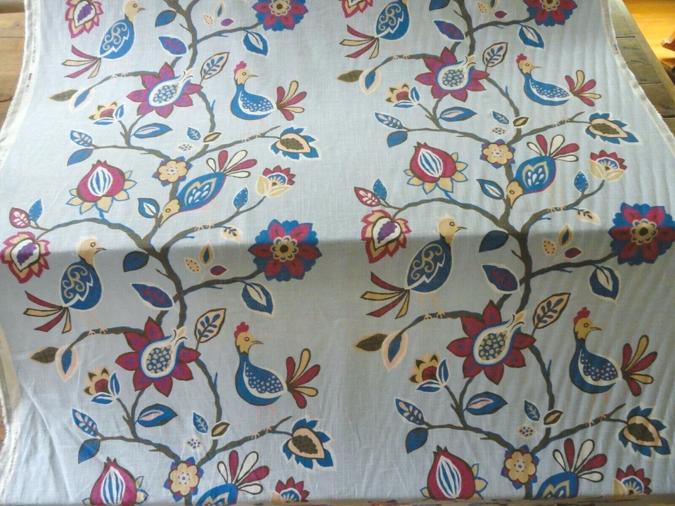 Tela de lino/rayón Tobi Fairley Meriweather de Duralee Birds Botanical 54" W azul Foto 2 de 4