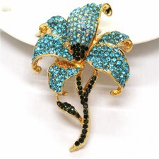 Blue Rhinestone Cute Bling Flower Crystal Fashion Women Charm Brooch Pin