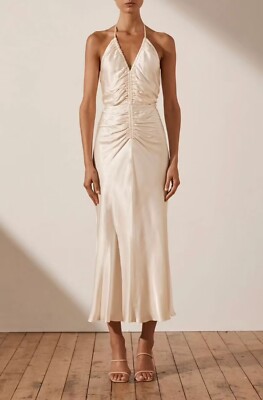 Shona Joy Sophia Halter Ruched Midi Dress In Cream Size 8 | eBay