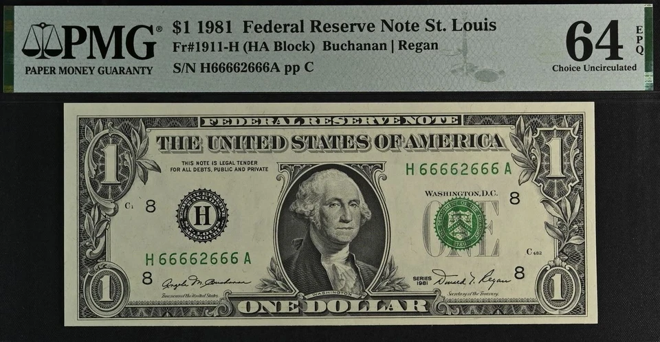 1981 $1 Federal Reserve Note PMG 64EPQ near solid serial number 66662666 - Image 2 of 3