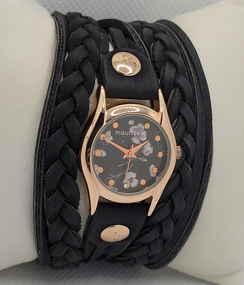 Hermoso reloj pulsera ancho esfera negra tono oro rosa redondo Maurices para dama L6 Foto 2 de 4