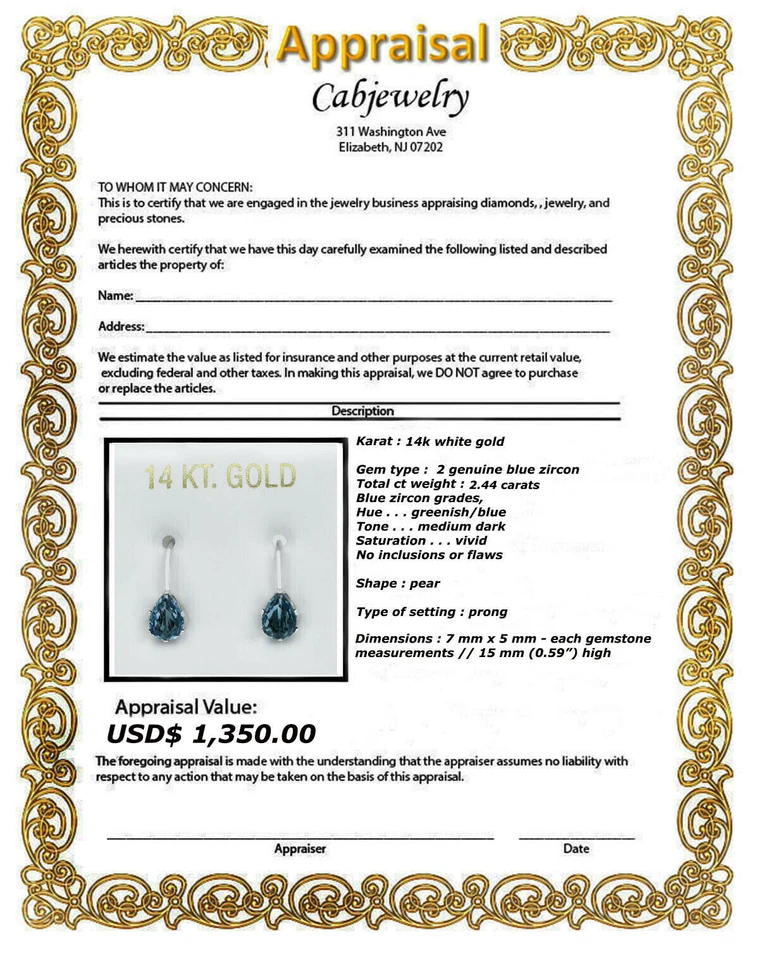 PENDIENTES COLGANTES ORIGINALES DE CIRCÓN AZUL DE 2,44 quilates ORO 14k - Servicio de tasación gratuito Foto 4 de 4