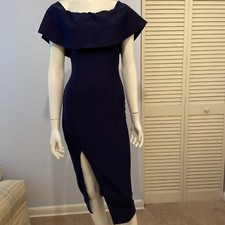 Vintage Chic Daylight Bodycon Dark Blue Pencil Dress Ruffle Collar Slit Sz S