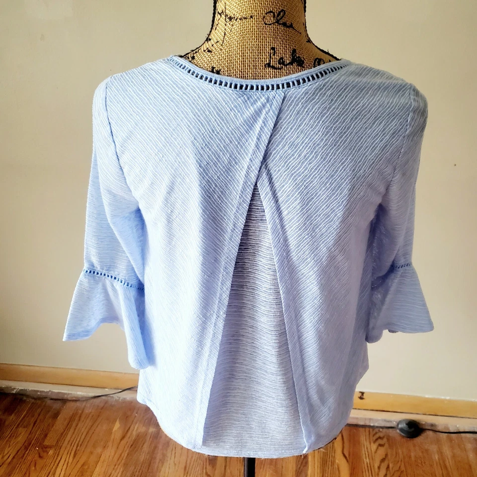 John Paul Richard Blue Striped Faux Wrap Ruffled 3/4 Sleeve Pullover Top Small - Image 2 of 4