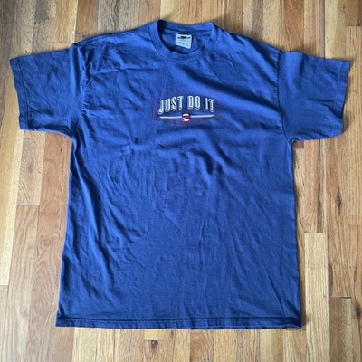 VTG Nike Performance T Shirt Just Do It Embroidered Logo USA Navy Blue Mens L
