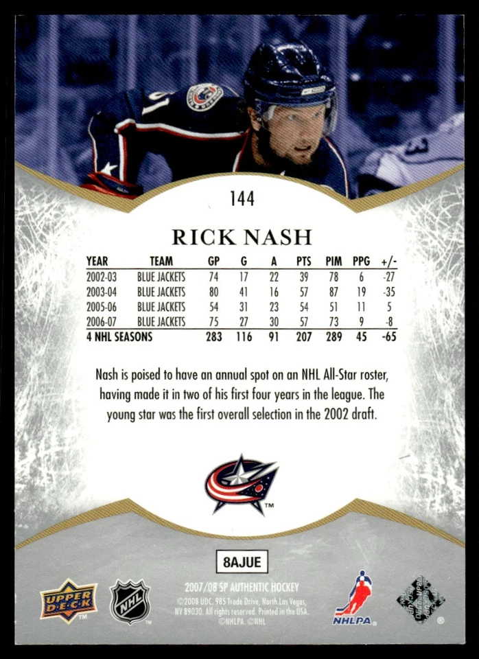 2007-08 SP Authentic SP NOTABLES Rick Nash 0416/1999 Columbus Blue Jackets #144 - Image 2 of 2