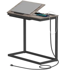 C Shaped End Table with Charging Station, Large Side Table Tiltable Desk with...