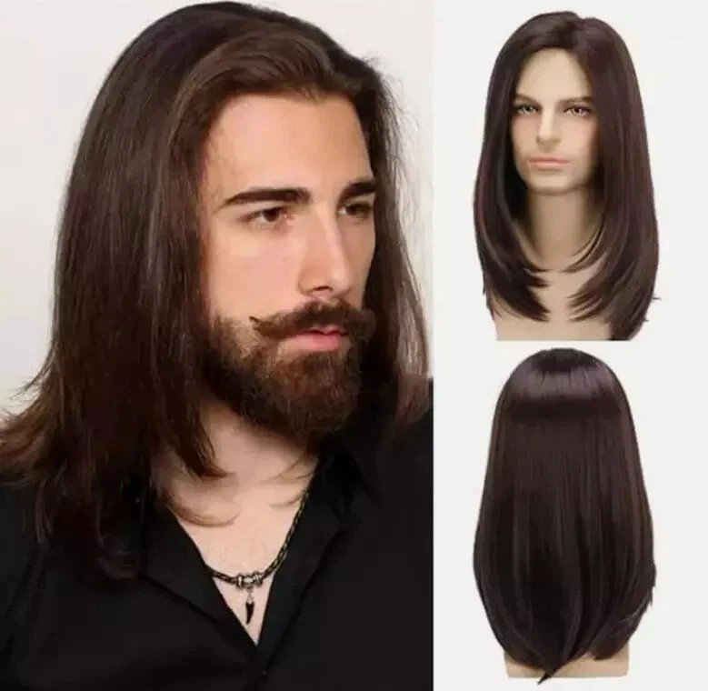 Peluca larga marrón para hombre, cabello recto sintético resistente al calor pelucas para hombre para diario