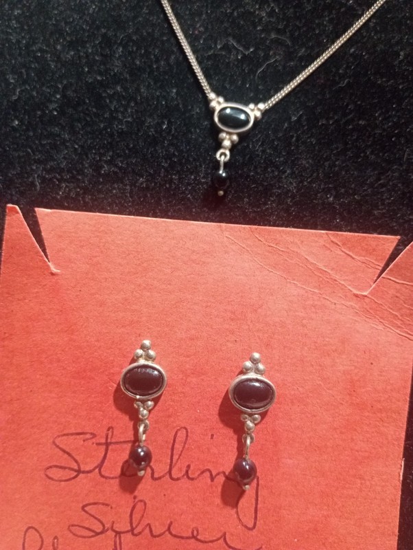 Vtg 925 Sterling Black Onyx Necklace &Earrings Makers Mark 19" Length