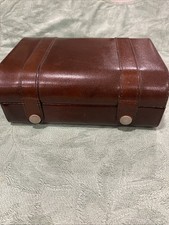 Vtg Leather Jewelry Box Chocolate Brown, Silver Hardware 7.25" x 5.25" x 3"