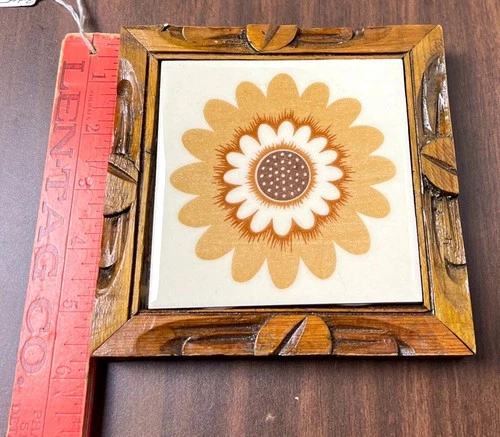 Vintage Retro Mod 70s Wood frame Orange Brown FLOWER Ceramic Tile Trivet Mexico - product listing photo