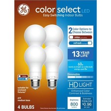 GE A19 LED Bulbs 8W 60W Color Select Relax Refresh Dimmable 800LM E26 4-Pack