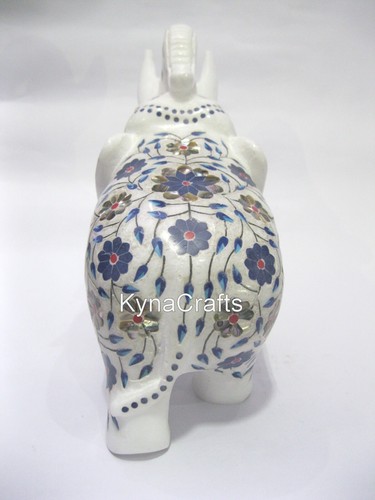 8" Marble Elephant Statue Gemstone Inlay Work Decorative Elephant Set of 2 Piece - Picture 5 of 7