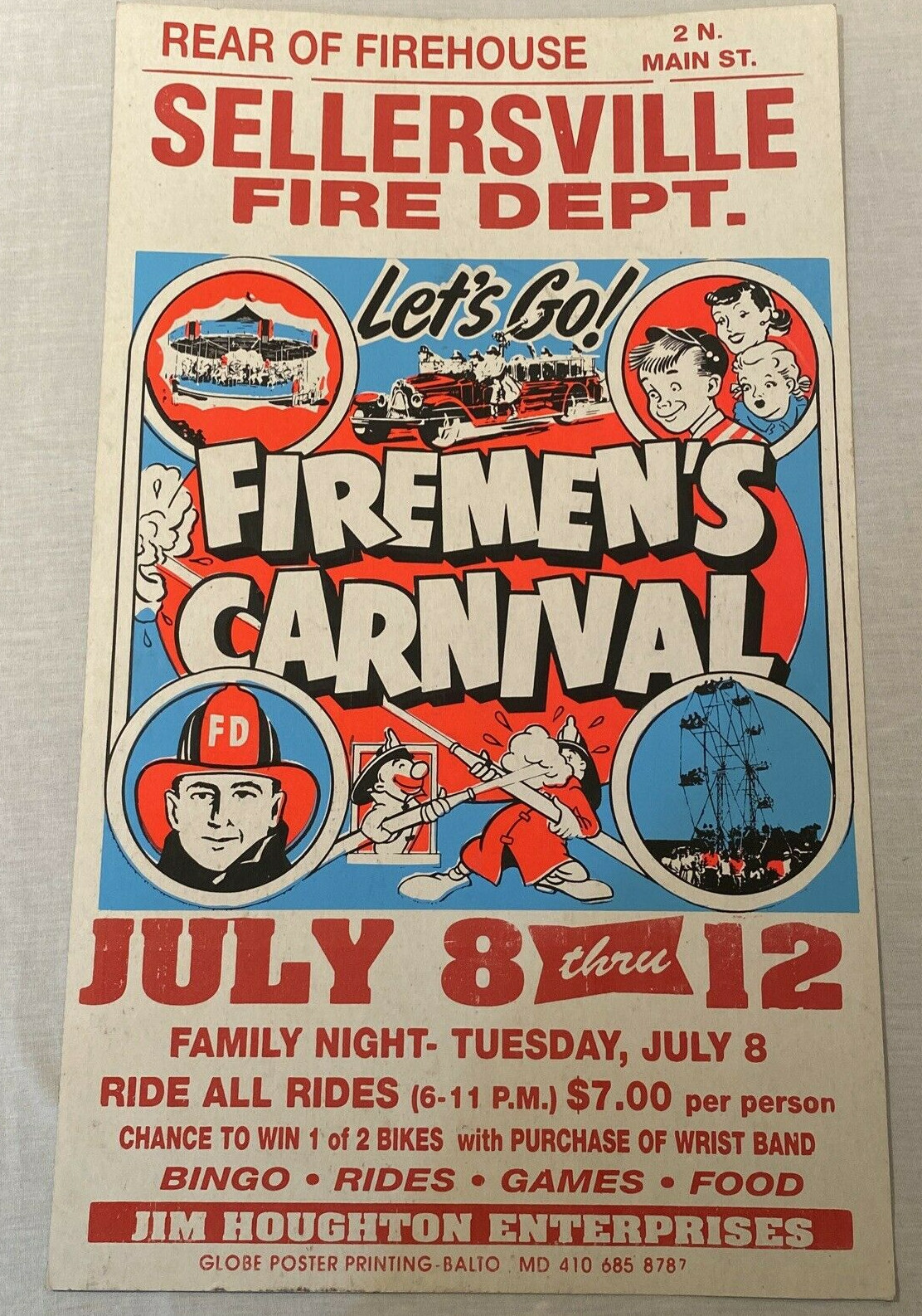 Vintage Sellersville Maryland Fire Dept 1990's Firemens Carnival Poster