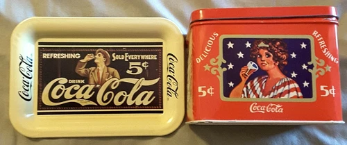 2 Vintage Coca-Cola Collectible Tins, 1989 Small Tray and Undated Recipe Box