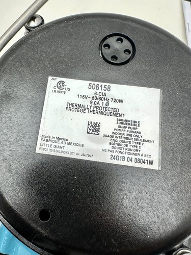 Little Giant 6 Series 1/3HP 506158 115v 6-CIA Submersible Sump Pump - Picture 6 of 8