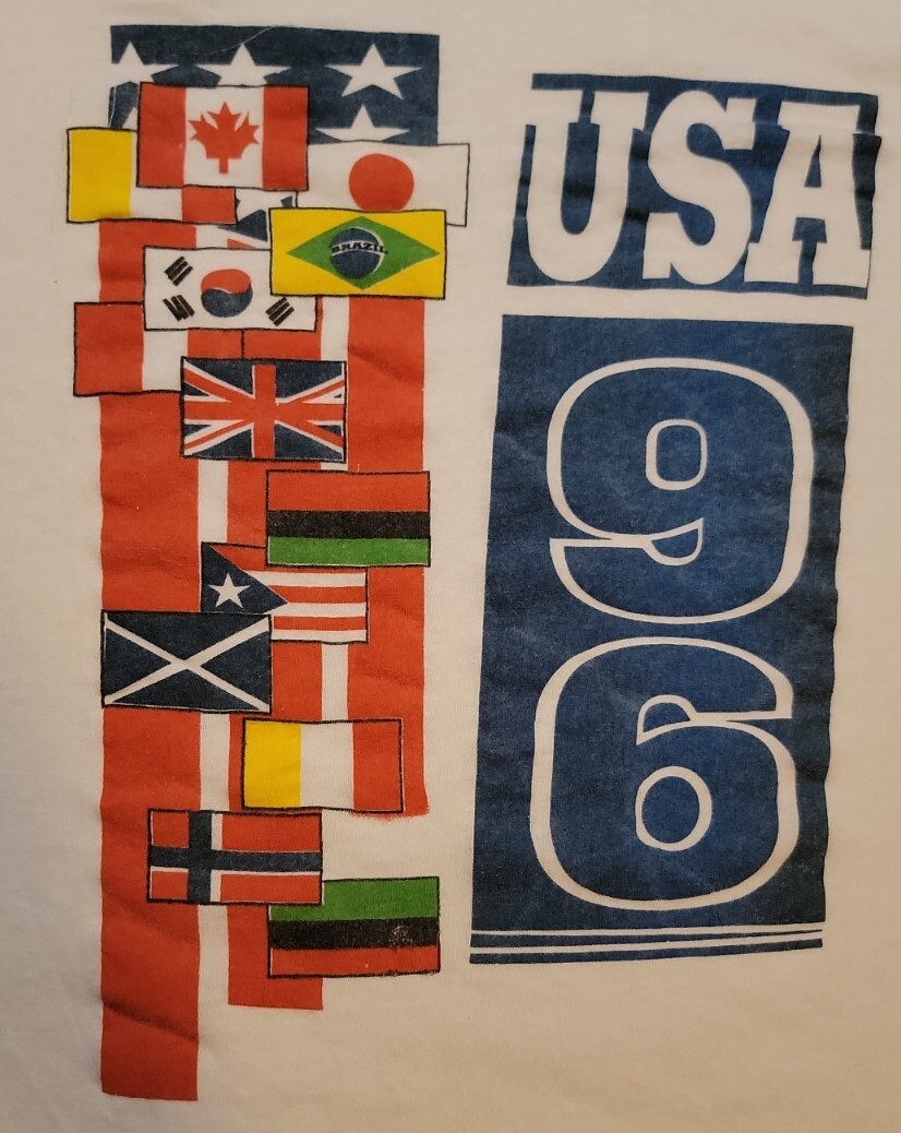 Rare Vintage Q-TEES Tag 1996 Single Stitch USA Olympics Flag