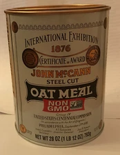 John McCANN's Steel Cut IRISH OATMEAL 28 oz Empty Tin Can Canister Container Lid