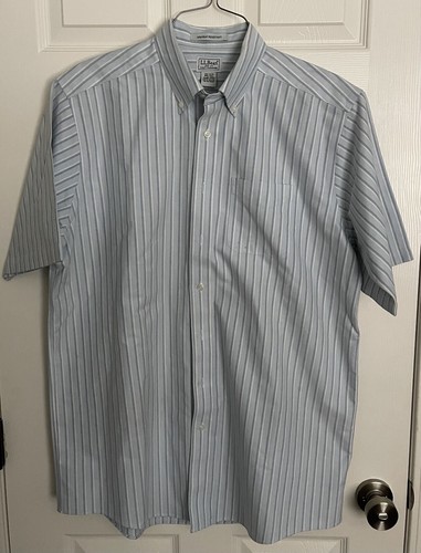 LL Bean kurzärmliges Button-Down-Hemd blau gestreift faltenfrei Gr. 16 1/2-hoch