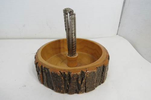 Vintage Nut Cracker Set Round Wooden Bowl with 4 Picks and Cracker 7" x 2"