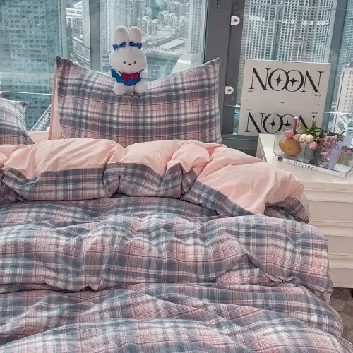 Bedding Sets Plaid Solid Color Washed Cotton Soft Bed Sheet Bed Cover Pillowcase - Photo 4 sur 38