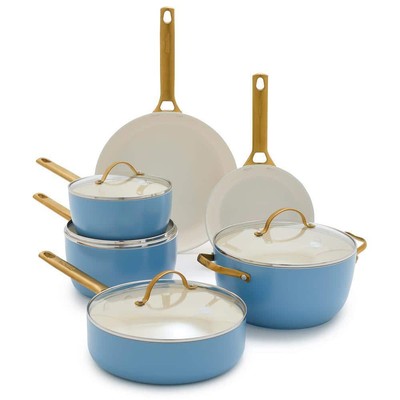 GreenPan Cookware Pots + Pans Set Aluminum Ceramic Nonstick Sky Blue (10-Piece)