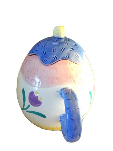 Tetera Applause Ceramic Novety 1993 con tapa-tema de tulipanes-azul/rosa/amarillo-LKN - Imagen 2 de 7