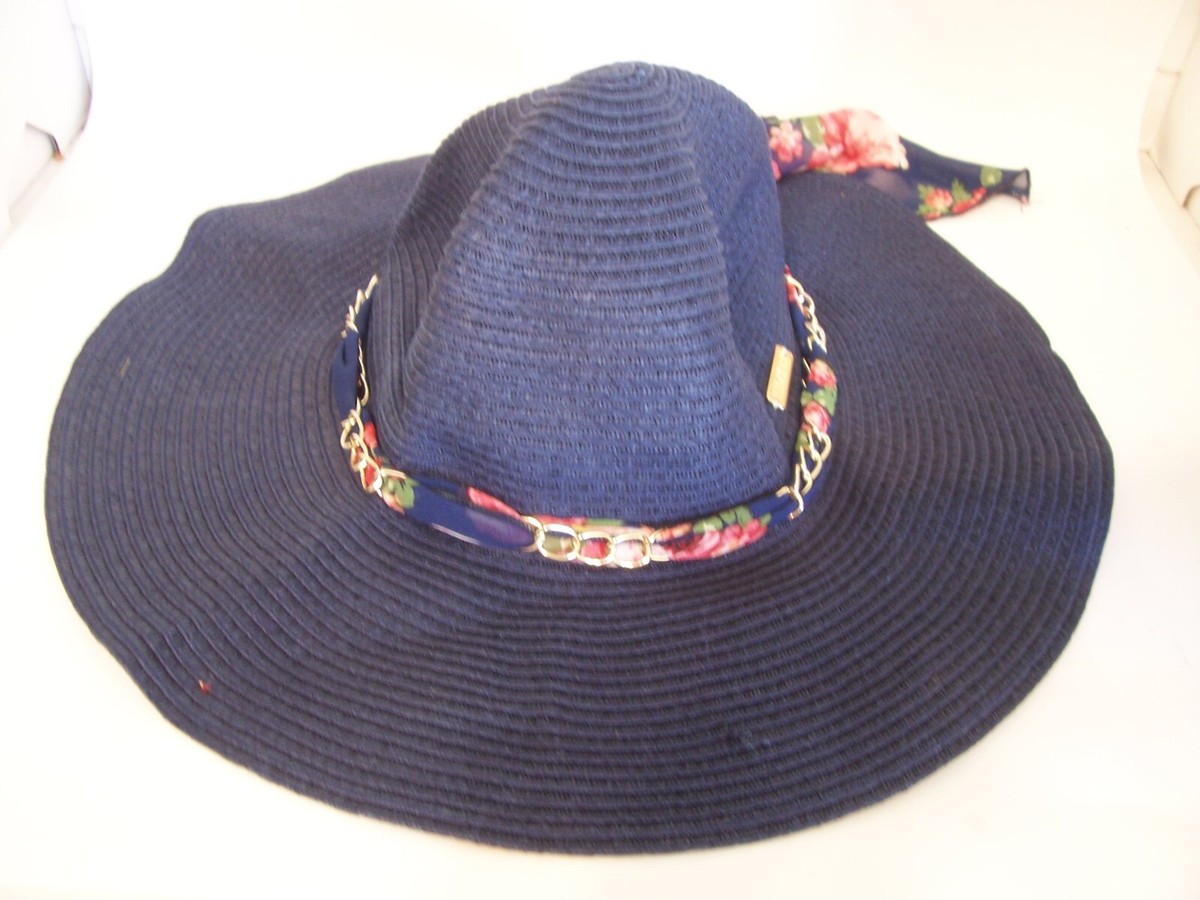 Wide Brim Straw Sun Hat with Blue Floral Scarf Blue Raffia Sun Hat: Wide Brim, Floral Accent, Travel  main image 2