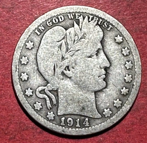 1914 US Barber SILVER Quarter "Philadelphia" Mint! Very Good! Old US Coin!