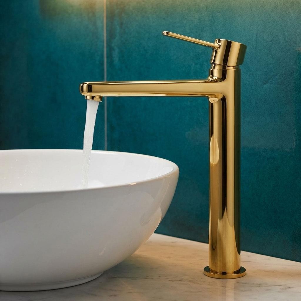 Tall Bathroom Sink Mixer Tap Gold Single Lever Monobloc