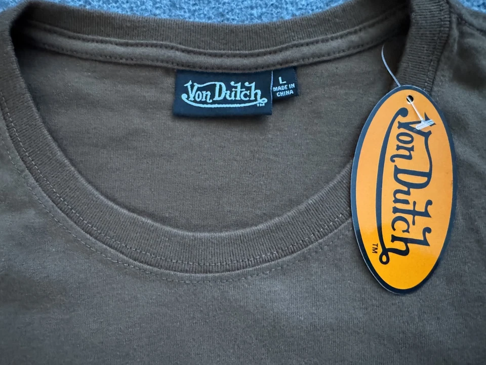 NUEVO CON ETIQUETAS VON DUTCH Camiseta Bordada Marrón Manga Corta - Hombre Talla Grande Foto 4 de 4