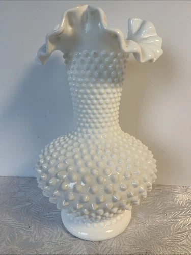 VTG Fenton White Milk Glass Hobnail 10.5" Ruffled Crimped Rim Vase Large MINT!