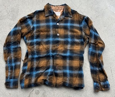 Vintage 1950s Loop Collar Flannel Button Up Rare Made In Italy Shadow Plaid