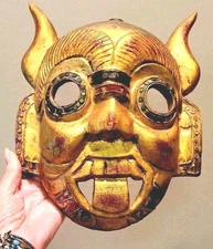 Devil Mask Hand Carved Painted Jeweled Gold Wash Paint Folk Art Thailand Vintage