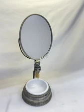 Antique Vtg Shaving Mirror Metal Stand Milk Glass Bowl W/ Brush & Holder