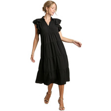 Umgee Women Size M Black Collar SplitNeck Short Ruffle Sleeves Tiered Midi Dress