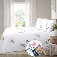 White Floral Duvet Cover Cotton Queen Flower Embroidered Pink Green Blue Bota...