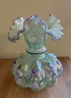 Fenton Sea Mist Green Iridescent with Purple Rim & Pansies Melon Vase Signed