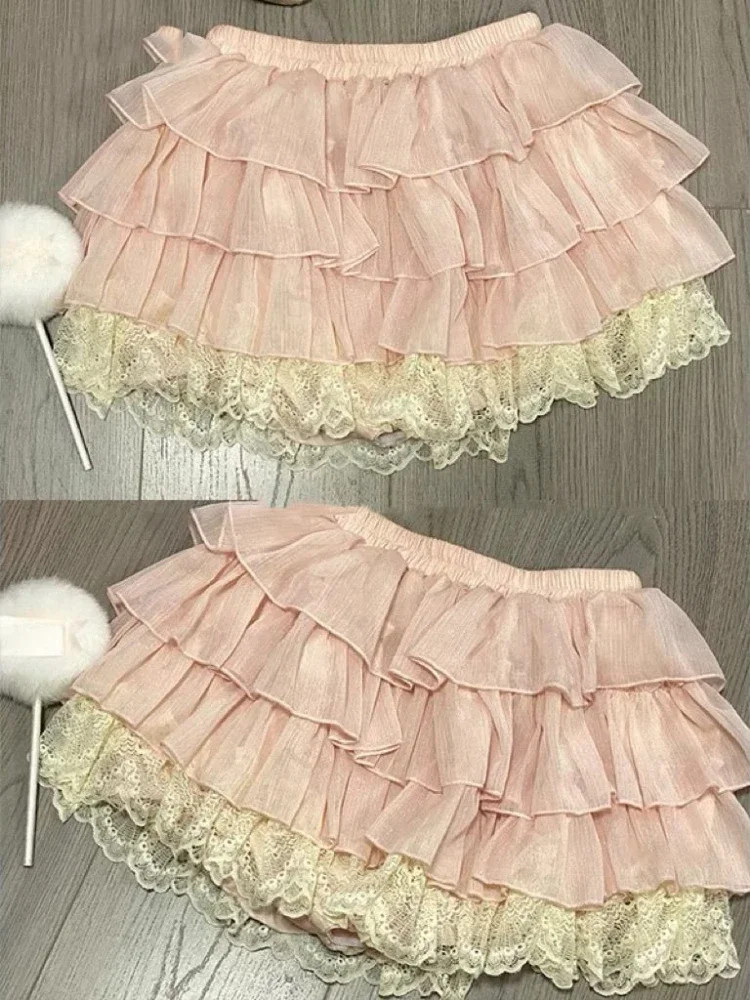 Pink Sweet Lace Patchwork Mini Skirt Women Low Rise Kawaii Lolita Ruffle Dance S