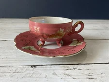 Vintage Porcelain China Teacup and Saucer Tri-Footed Pink W/ Flowers & Gold Trim