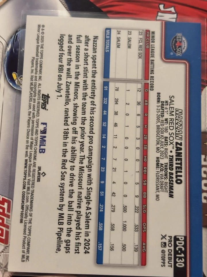 2025 Topps Pro Debut Chrome Nazzan Zanetello Gold Refractor 12/50! Red Sox - Image 3 of 3