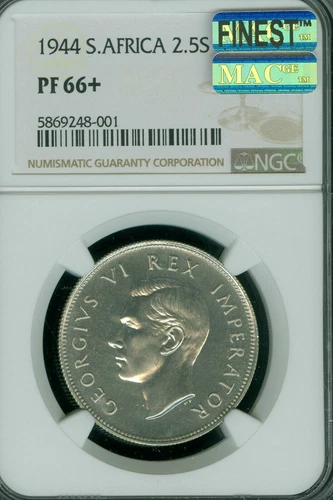 1944 SOUTH AFRICA 2.5 SHILLING NGC PF66 + MAC FINEST MAC SPOTLESS 150 MINTED *