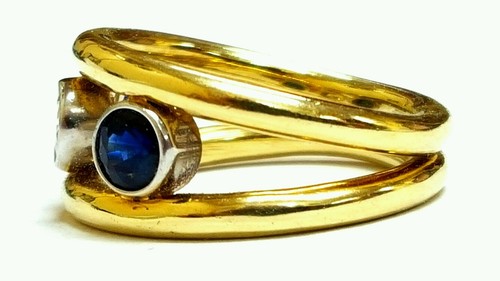 Anillo de boda elegante de tres piedras de oro amarillo de 14 K de diamantes y zafiro de 1,13 quilates - Imagen 2 de 3