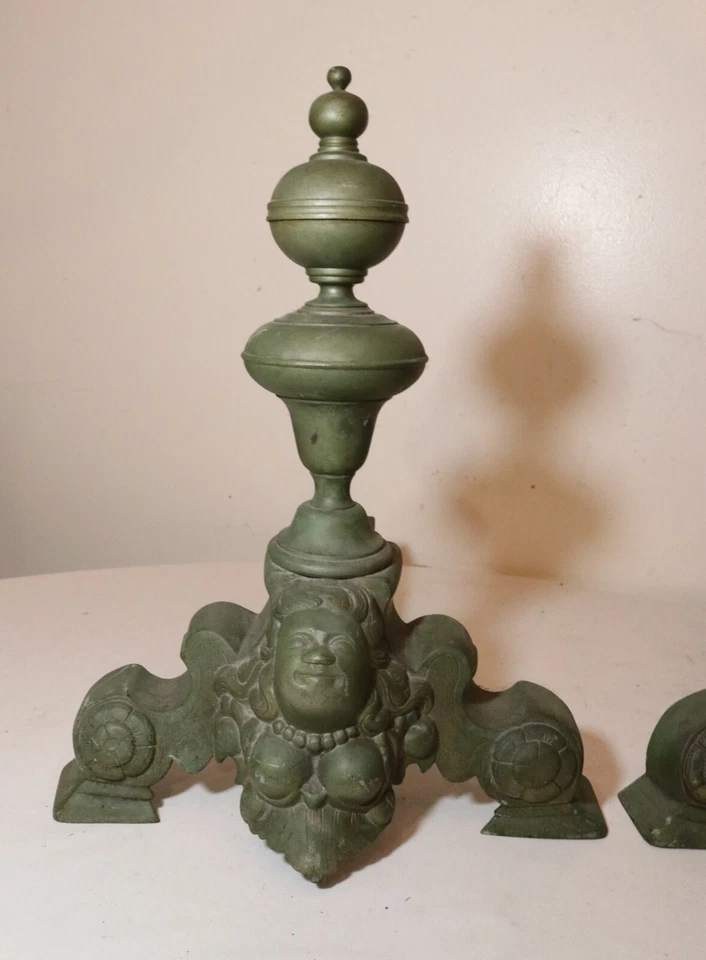 par de 2 andirrones antiguos ornamentados victorianos desnudos dama latón hierro fundido chimenea Foto 2 de 4